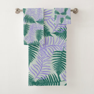 Green Purple Fern Leaves Retro 70s Flower Pattern Bath Towel Set