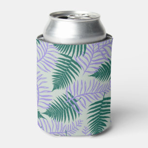 Green Purple Fern Leaves Retro 70s Flower Pattern Can Cooler