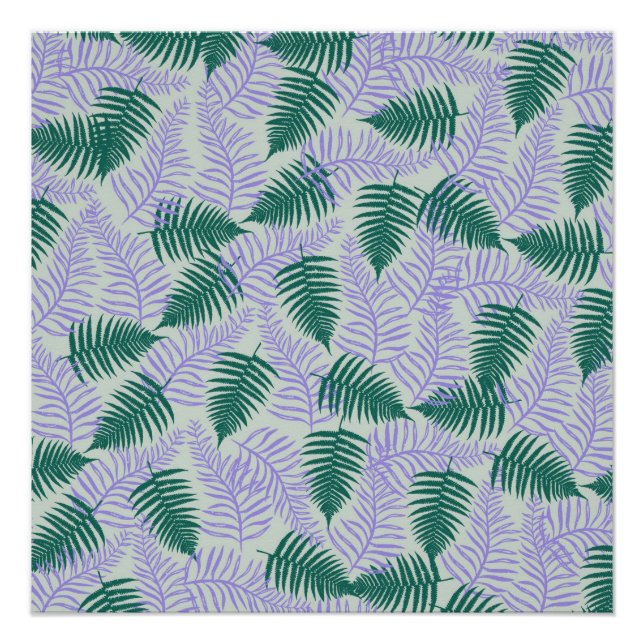Green Purple Fern Leaves Retro 70s Flower Pattern Poster (Front)