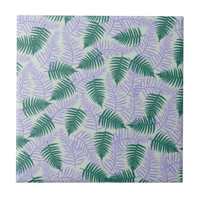 Green Purple Fern Leaves Retro 70s Flower Pattern Tile (Front)