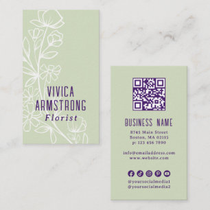 Green Purple Floral Line Art Florist Business Card