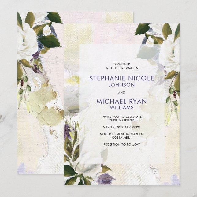 Green Purple Floral Oil on Canvas Wedding Invite (Front/Back)