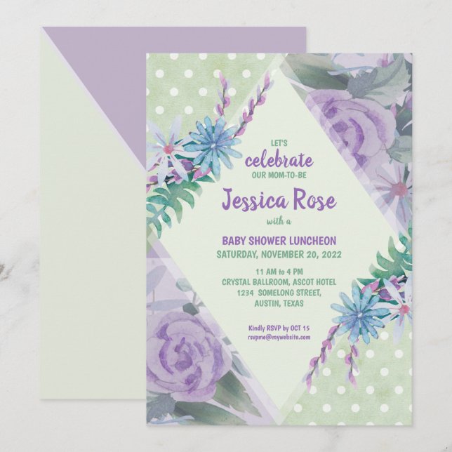 Green Purple Floral Watercolor Baby Shower Invitation (Front/Back)