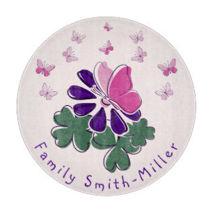 Green Purple Flower Pink Butterfly Doodle Glass Cutting Board