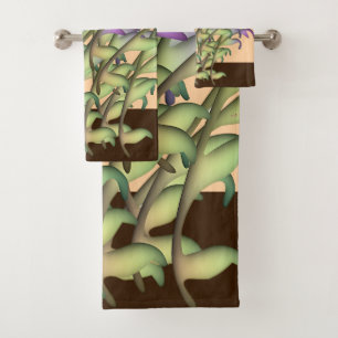 Green + Purple Foliage Peach  Bath Towel Set