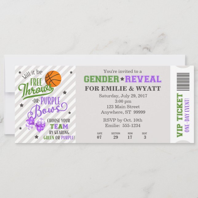 Green Purple Free Throws or Bows Gender Reveal Invitation (Front)