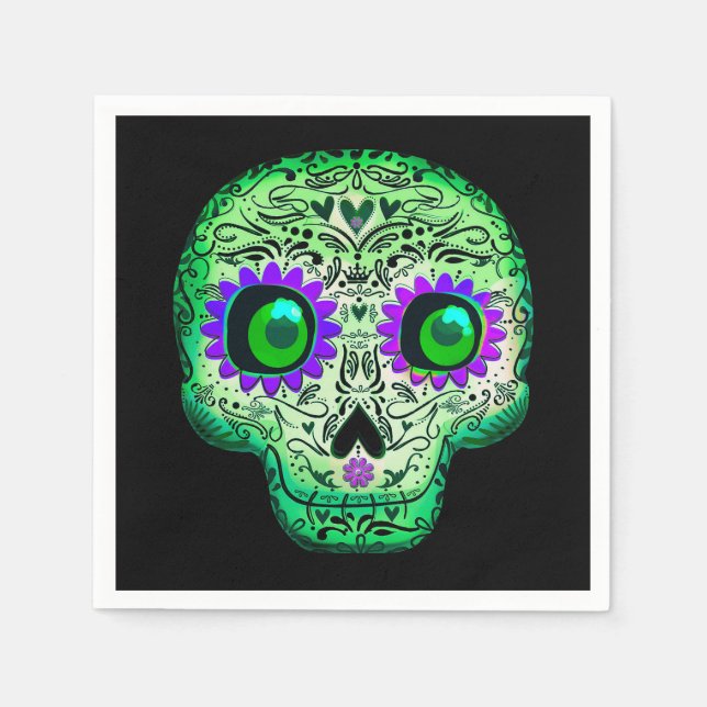 Green & Purple Glowing Sugar Skull Black Halloween Napkin (Front)