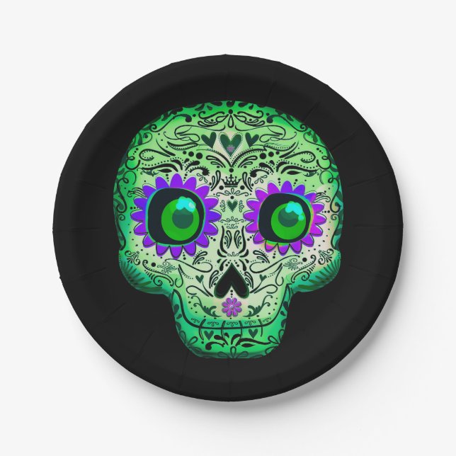 Green & Purple Glowing Sugar Skull Black Halloween Paper Plate (Front)