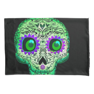 Green & Purple Glowing Sugar Skull Black Halloween Pillowcase