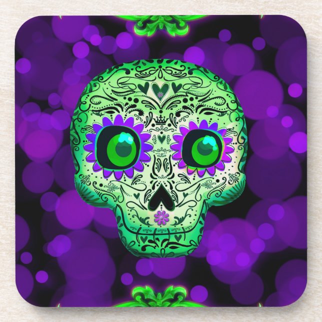 Green & Purple Glowing Sugar Skull Halloween Coaster (Front)
