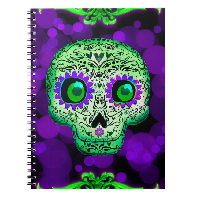Green & Purple Glowing Sugar Skull Halloween Cute Notebook (Front)
