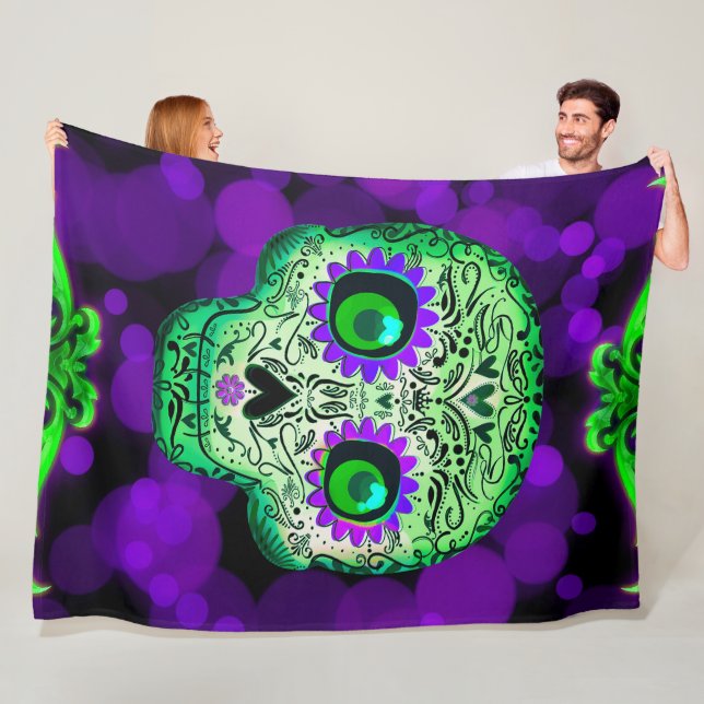 Green & Purple Glowing Sugar Skull Halloween Fleece Blanket (In Situ)