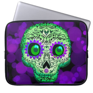 Green & Purple Glowing Sugar Skull Halloween Laptop Sleeve