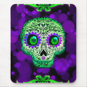 Green & Purple Glowing Sugar Skull Halloween Mouse Mat