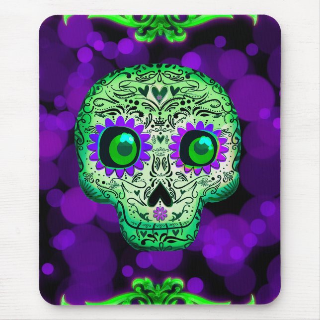 Green & Purple Glowing Sugar Skull Halloween Mouse Mat (Front)
