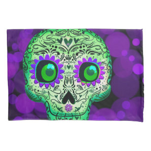 Green & Purple Glowing Sugar Skull Halloween Pillowcase