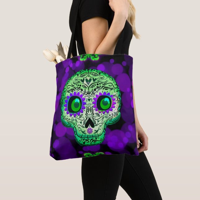 Green & Purple Glowing Sugar Skull Halloween Tote Bag (Close Up)
