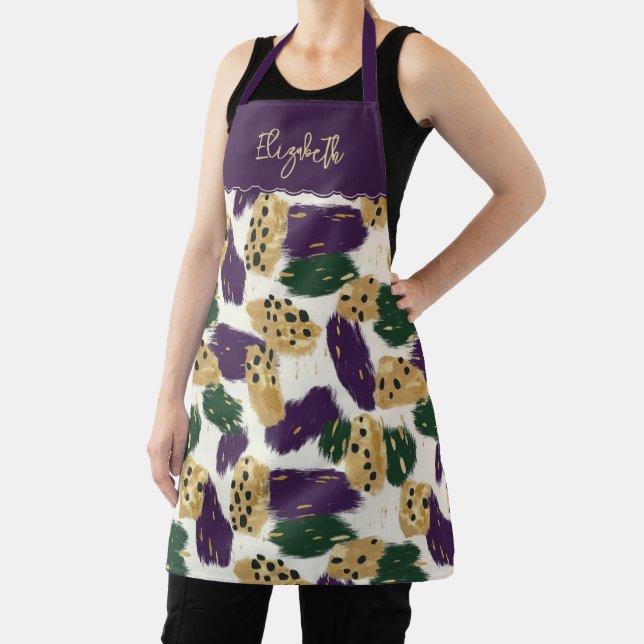 Green Purple Gold Brushstrokes  Pattern Monogram Apron (Insitu)