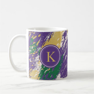 Green Purple Gold Brushstrokes Pattern Monogram Coffee Mug