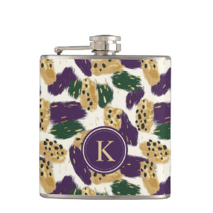 Green Purple Gold Brushstrokes Pattern Monogram Hip Flask
