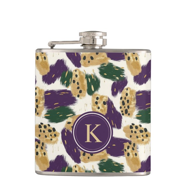 Green Purple Gold Brushstrokes  Pattern Monogram Hip Flask (Front)
