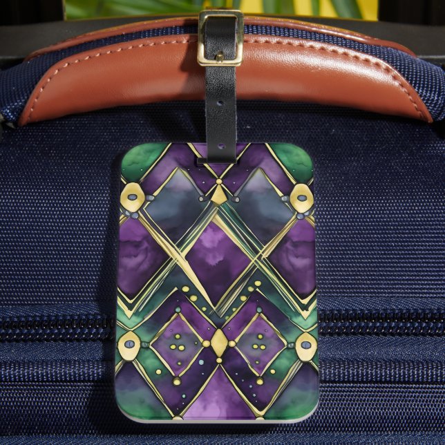 GREEN PURPLE GOLD DIAMOND PATTERNS LUGGAGE TAG (Front Insitu 2)