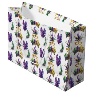 GREEN PURPLE GOLD MARDI GRAS MASKS & FEATHERS LARGE GIFT BAG