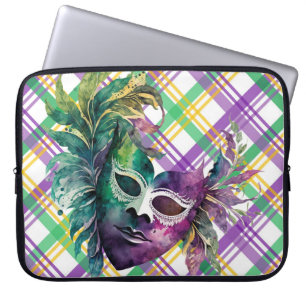 GREEN PURPLE GOLD WATERCOLOR MARDI GRAS MASK LAPTOP SLEEVE