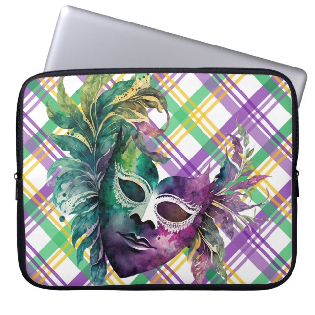 GREEN PURPLE GOLD WATERCOLOR MARDI GRAS MASK LAPTOP SLEEVE (Front)