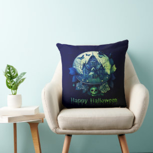 Green Purple Gothic Haunted House Happy Halloween Cushion