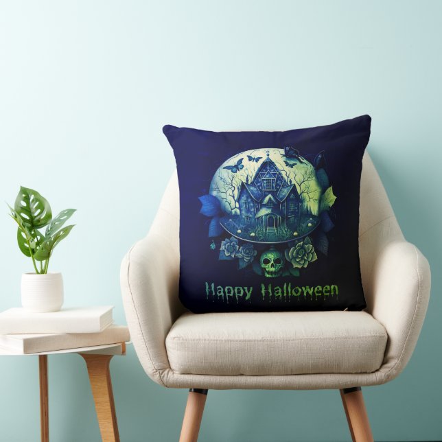Green Purple Gothic Haunted House Happy Halloween Cushion (Chair)