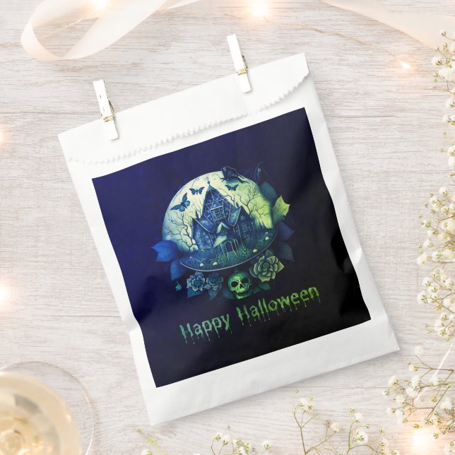 Green Purple Gothic Haunted House Happy Halloween Favour Bags (Clipped)
