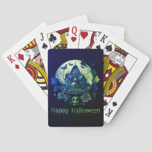 Green Purple Gothic Haunted House Happy Halloween Playing Cards