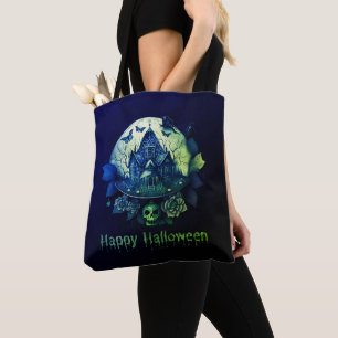 Green Purple Gothic Haunted House Happy Halloween Tote Bag