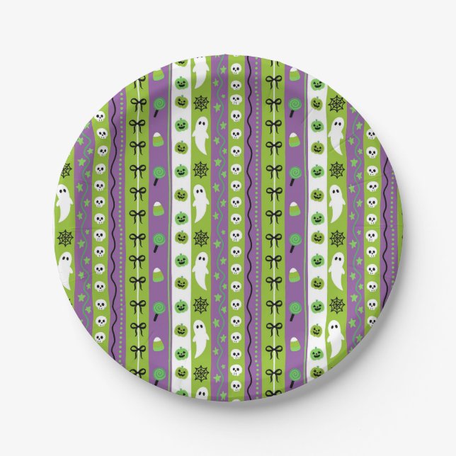 Green Purple Halloween Pattern Paper Plate (Front)