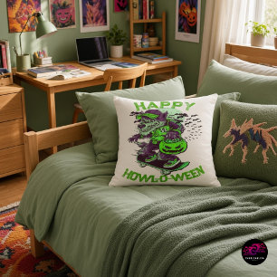 Green Purple Happy Howl-o-ween Wolf Skateboarding Cushion