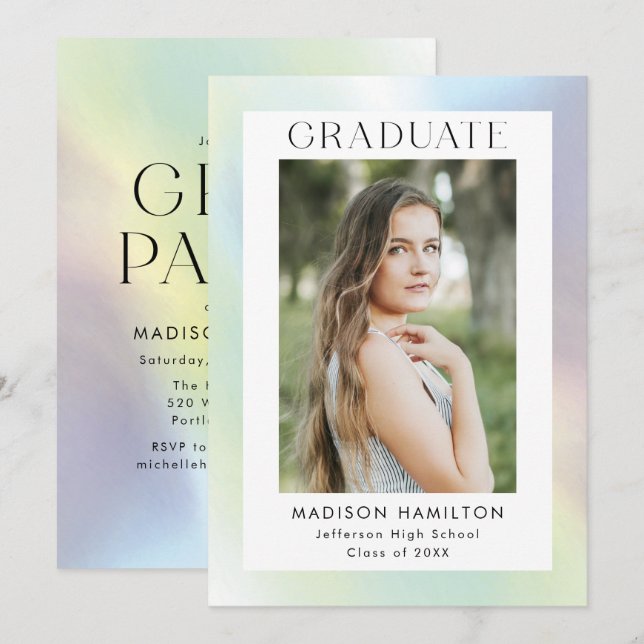 Green & Purple Holographic Photo Graduation Party Invitation (Front/Back)