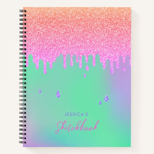 Green Purple Holographic Pink Orange Glitter Drips Notebook (Front)