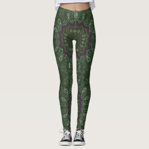 Green Purple Kaleidoscope Ovals and Stars Leggings