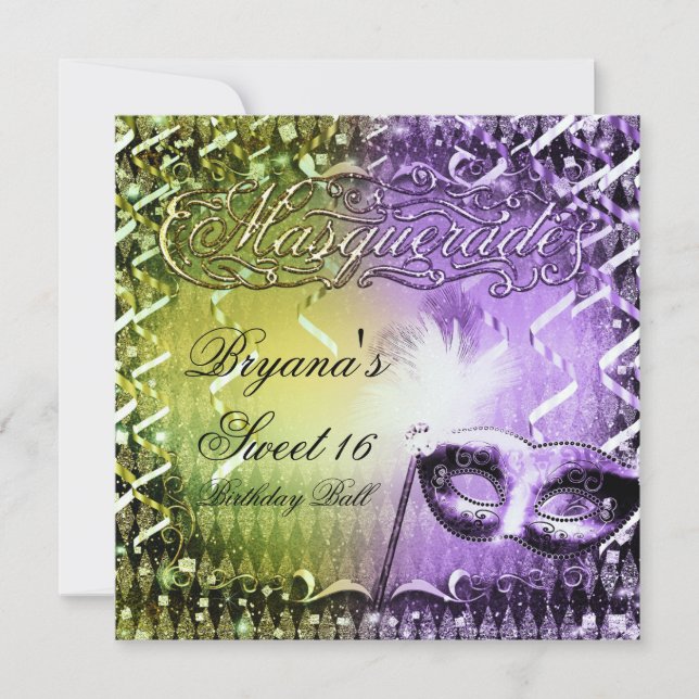 Green & Purple Masquerade Mask Mardi Gras Party Invitation (Front)