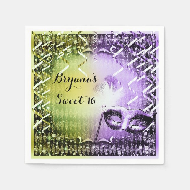 Green & Purple Masquerade Mask Mardi Gras Party Napkin (Front)