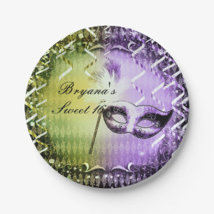 Green & Purple Masquerade Mask Mardi Gras Party Paper Plate