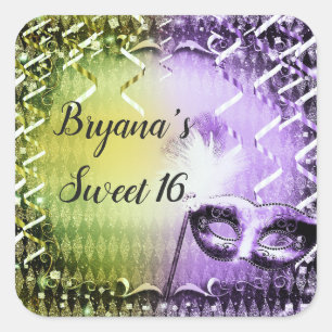 Green & Purple Masquerade Mask Mardi Gras Party Square Sticker