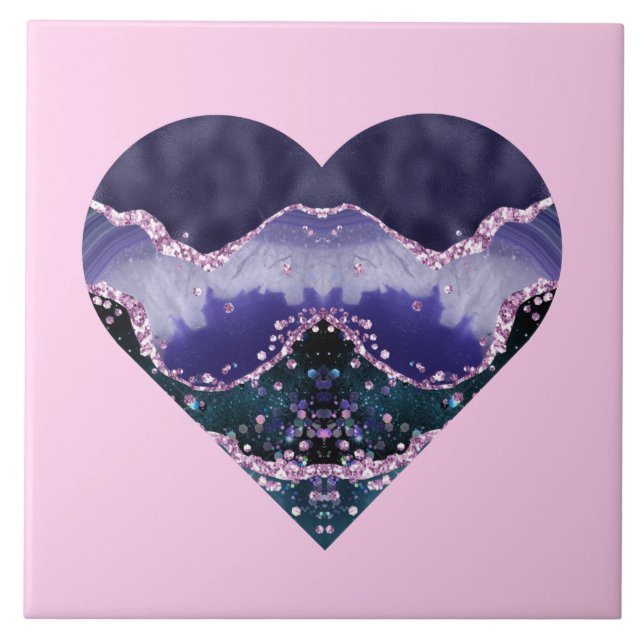 Green Purple Ocean Watercolor Look Heart on Pink Tile (Front)