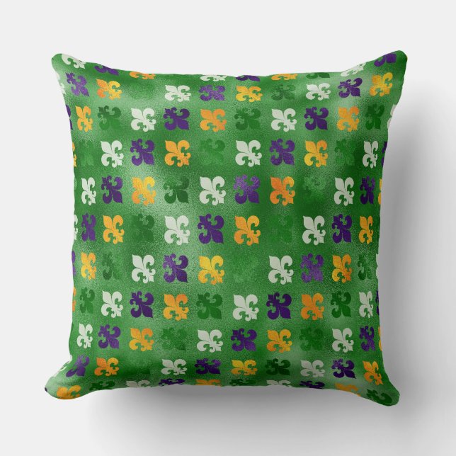 GREEN PURPLE ORANGE MARDI GRAS FLEUR DI LIS  CUSHION (Front)