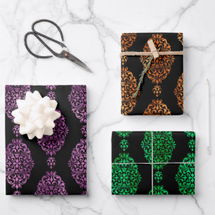 Green, Purple & Orange Ornate Damask Halloween Wrapping Paper Sheet