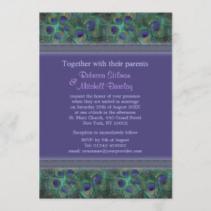 Green purple Peacock feathers Wedding Invitation