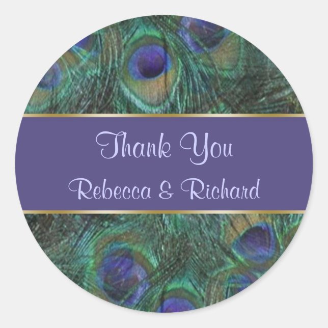 Green purple peacock Wedding Thank you Sticker (Front)