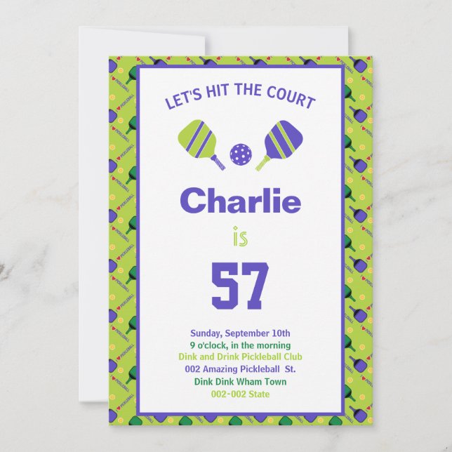 Green + purple Pickleball Birthday party + RSVP Invitation (Front)