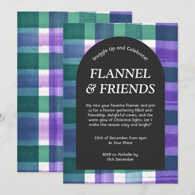 Green Purple Plaid Flannel & Friends Christmas Invitation (Front/Back)